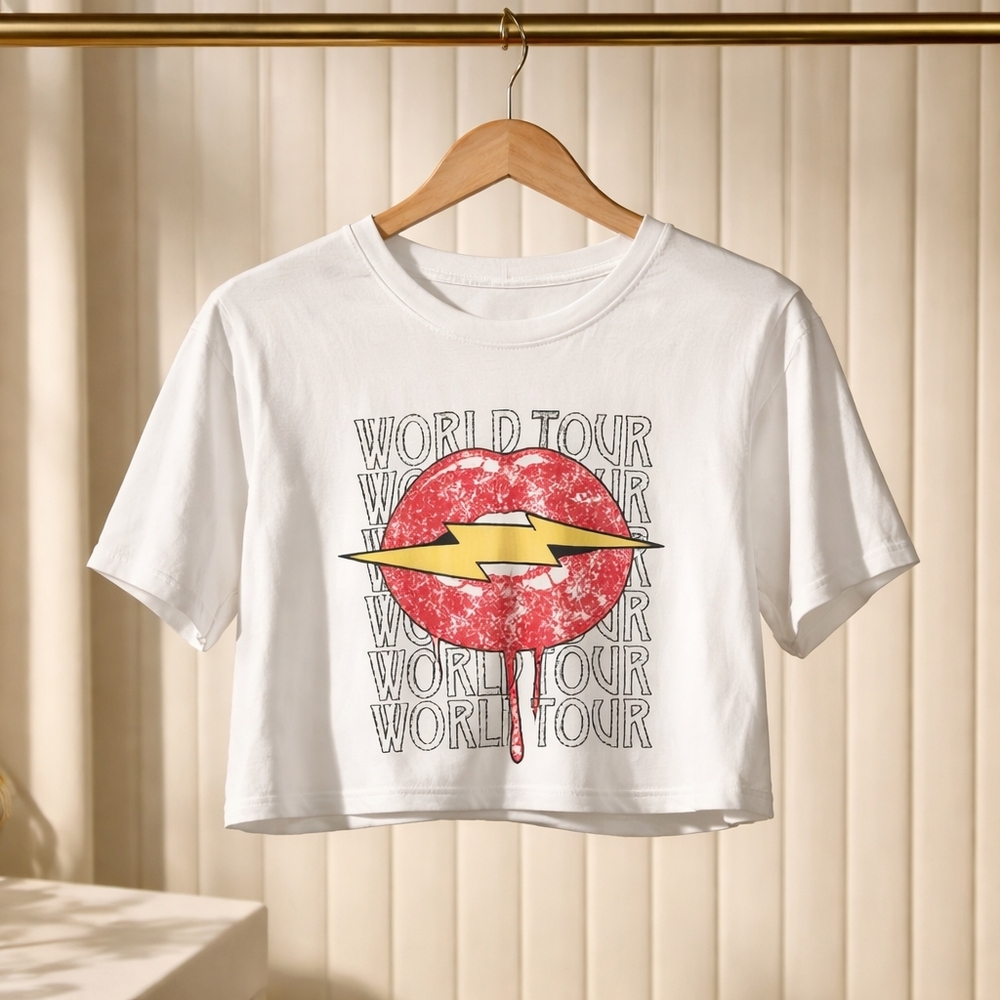 214 Torrid 0 XL White Graphic Crop Top with Red and Yellow Design